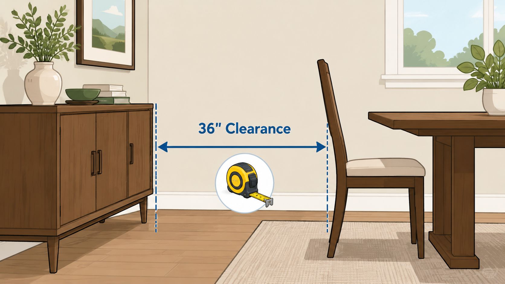 A diagram illustrating a 36-inch clearance between a wooden dining sideboard and a dining room chair.