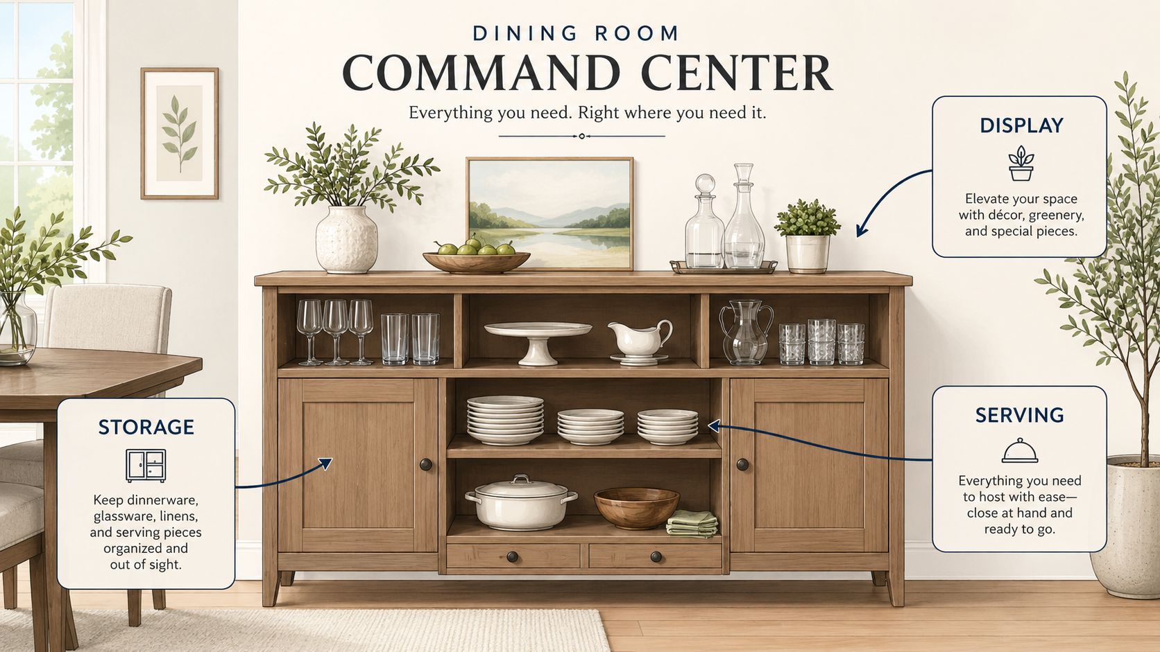 A wooden sideboard styled as a dining room command center, showcasing organized dishware, serving pieces, and decorative accents.