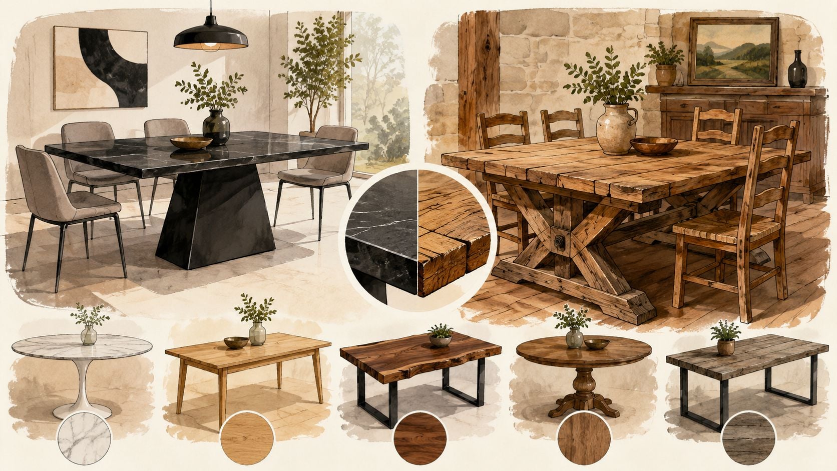 A collection of various dining and coffee table designs showcasing modern, rustic, and marble finishes.