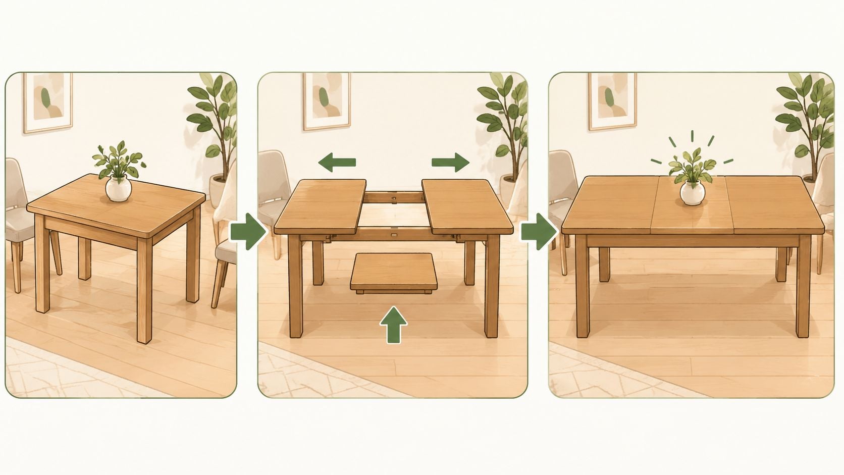 A diagram illustrating the three steps to expand a compact wooden dining table into a larger size.