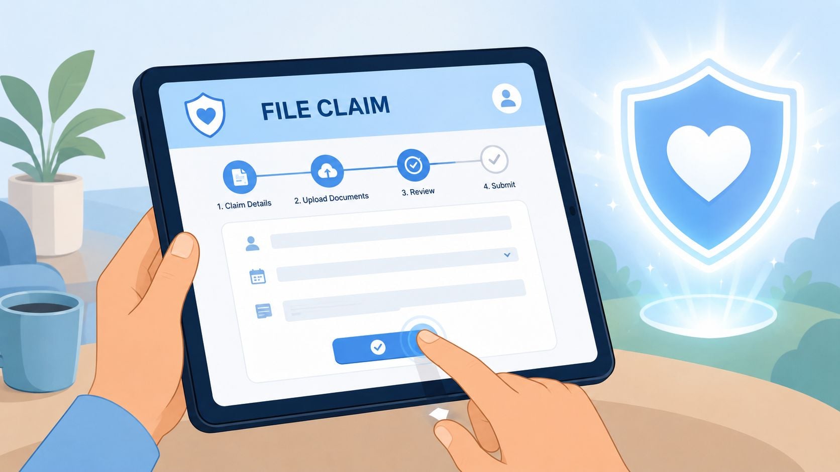 A person uses a tablet to digitally file a claim for their furniture protection plan online.