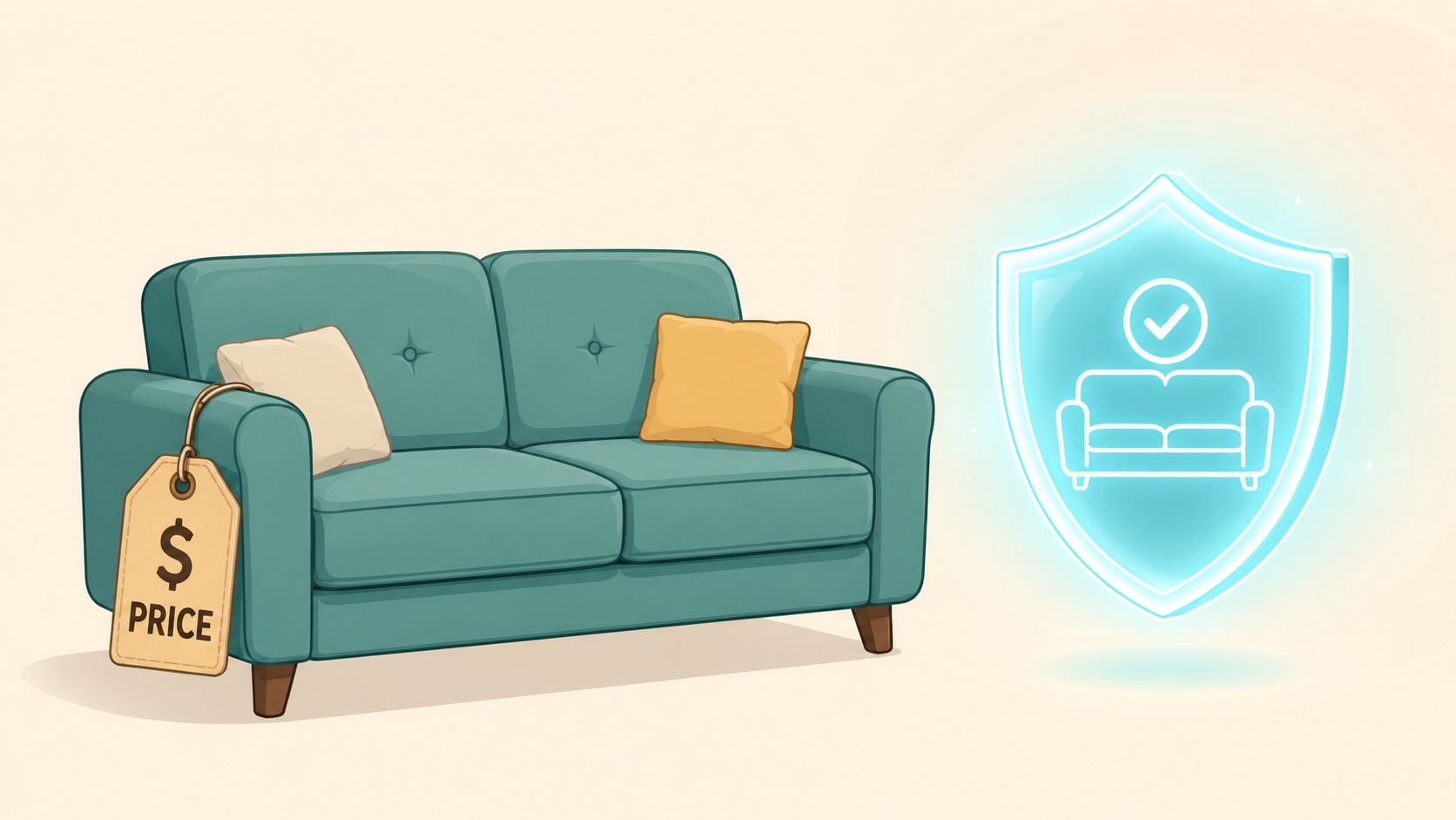 A teal sofa with a price tag attached and a glowing shield icon representing furniture protection