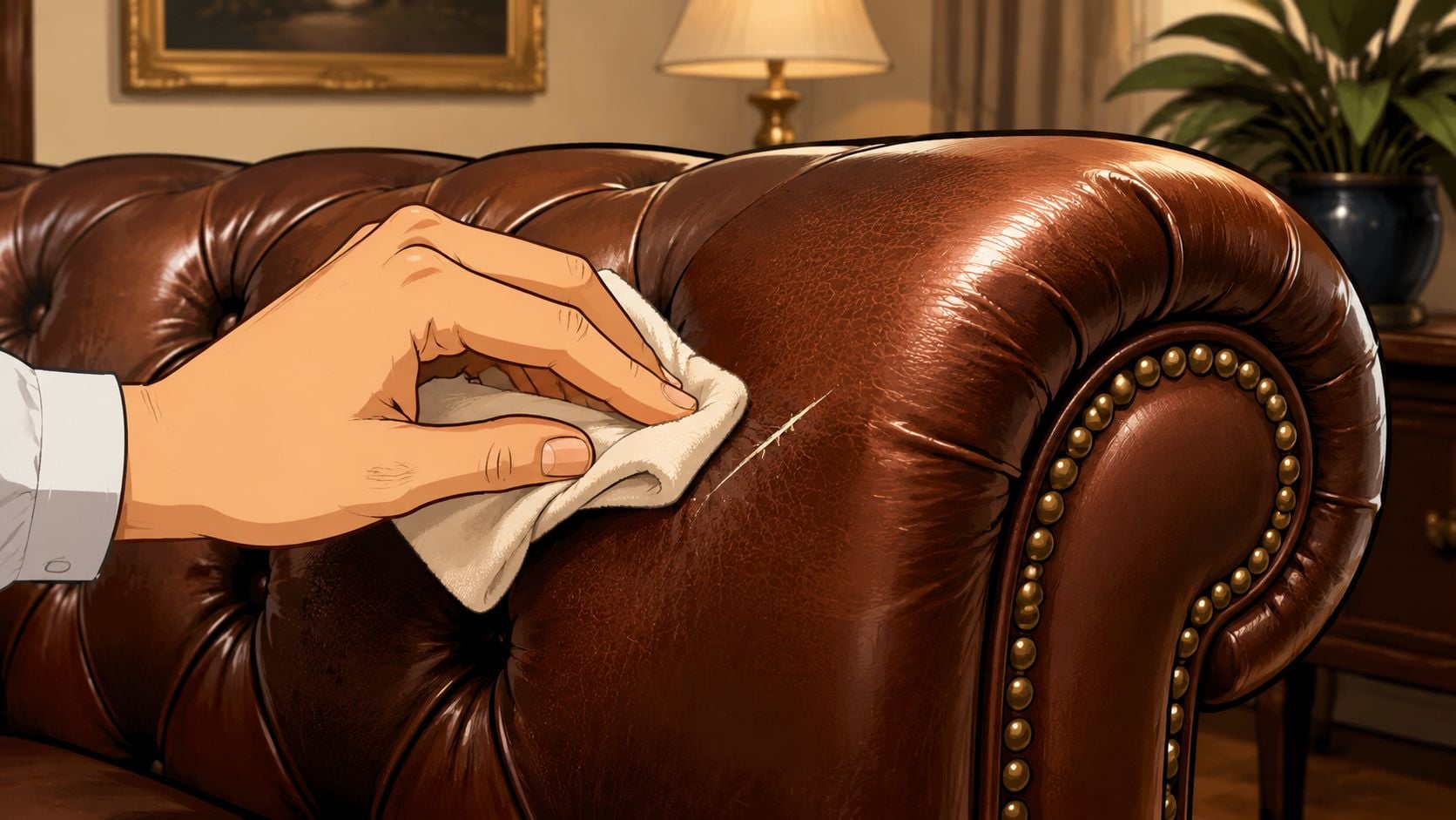 A person uses a cleaning cloth to repair a noticeable scratch on a brown leather sofa.
