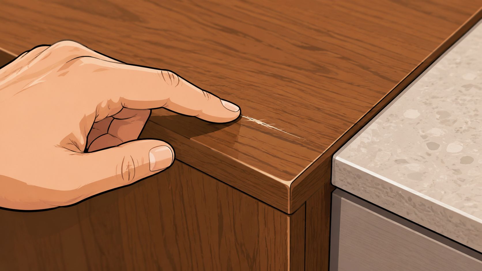 A hand pointing to a visible scratch on the surface of a wooden furniture piece.