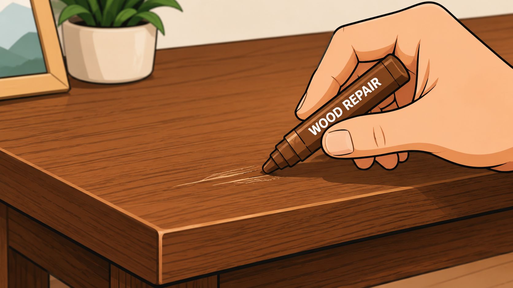 A hand using a brown wood repair marker to fix a visible scratch on a wooden table.