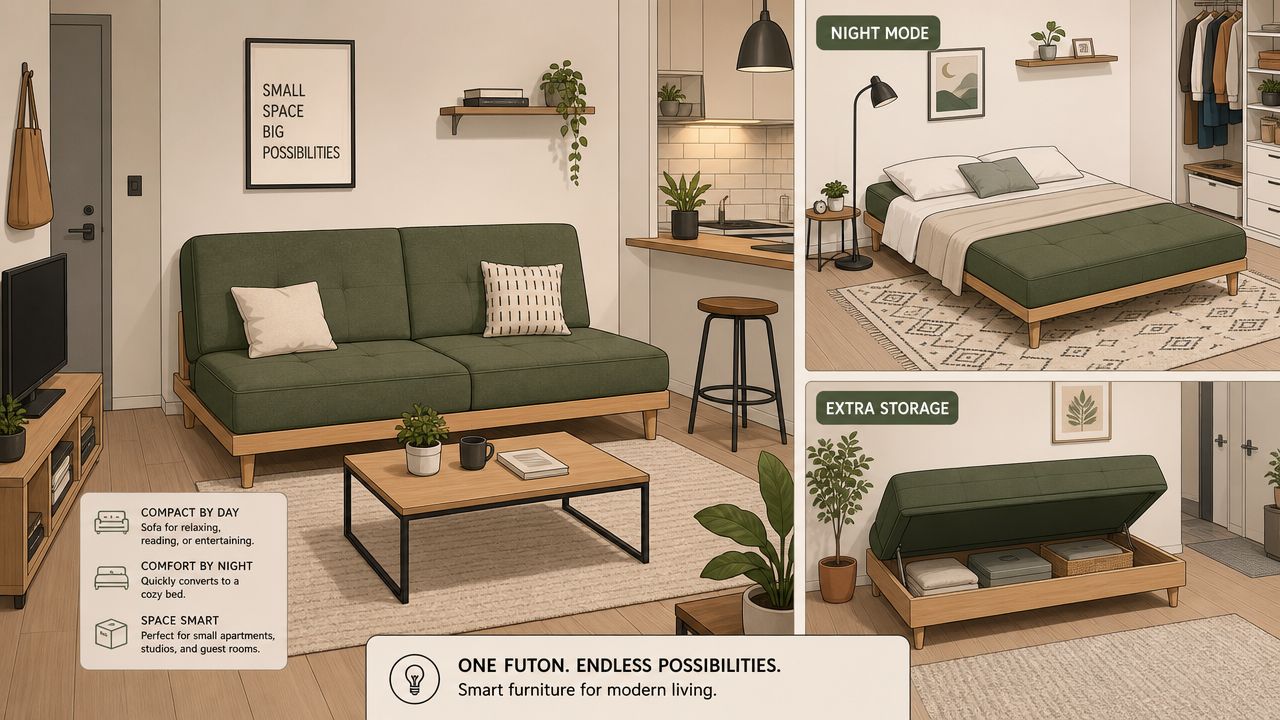 A multifunctional green futon sofa that converts into a bed with hidden under-seat storage for small apartments.