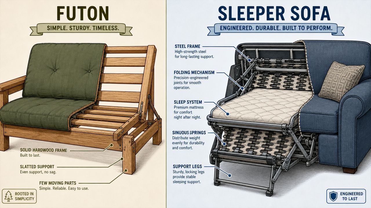 A comparison infographic between a wooden futon frame and an upholstered mechanical sleeper sofa for furniture selection.