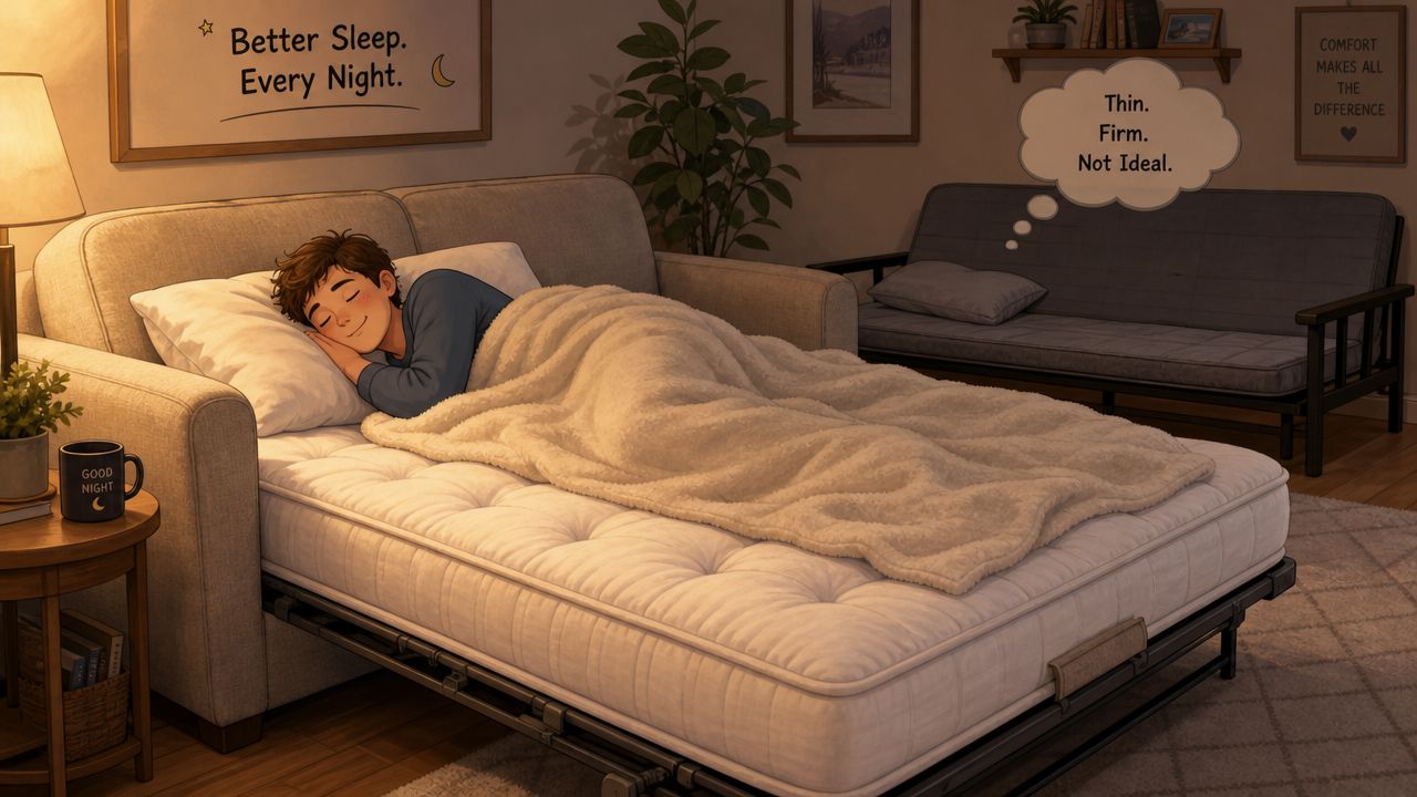 A person sleeping on an uncomfortable pull-out sleeper sofa inside a living room at night.