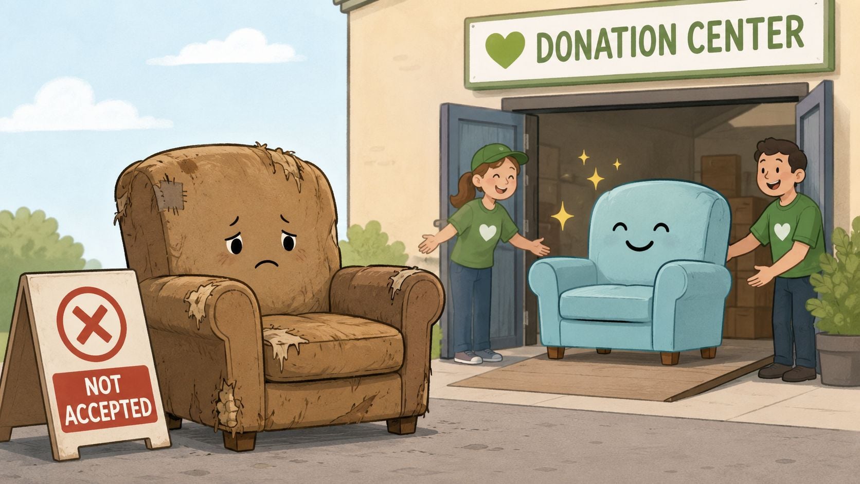 A sad, damaged brown armchair stands rejected next to a clean, happy blue armchair being accepted for donation.