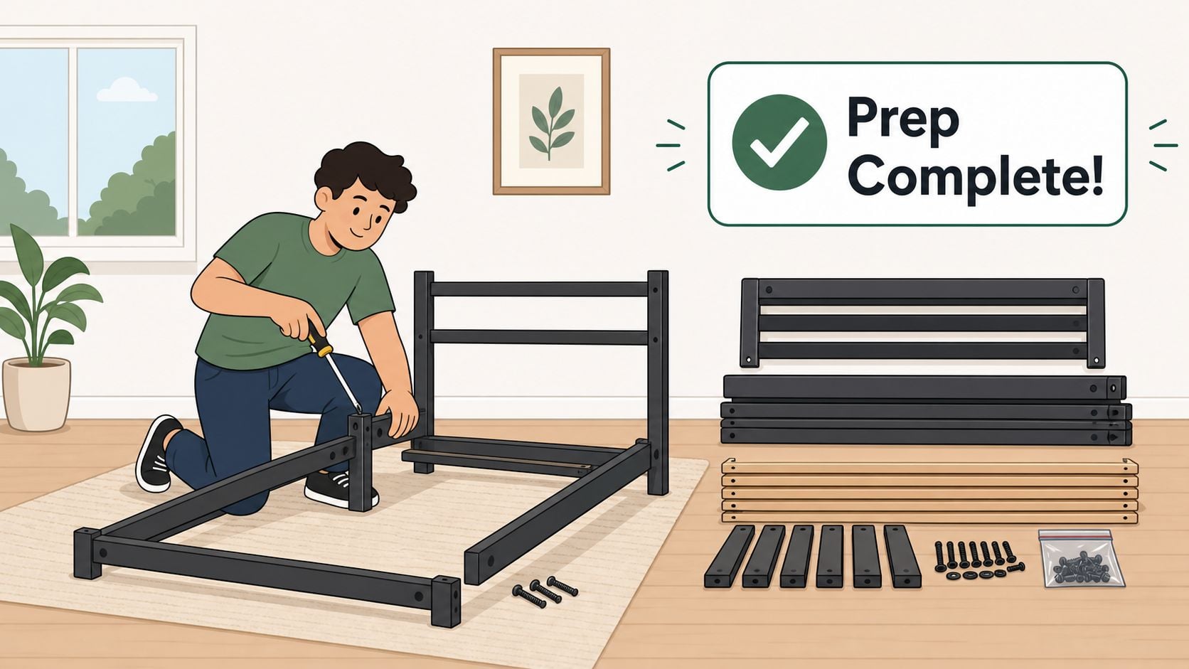 A young man kneeling on a rug while assembling a black metal bed frame with a screwdriver.
