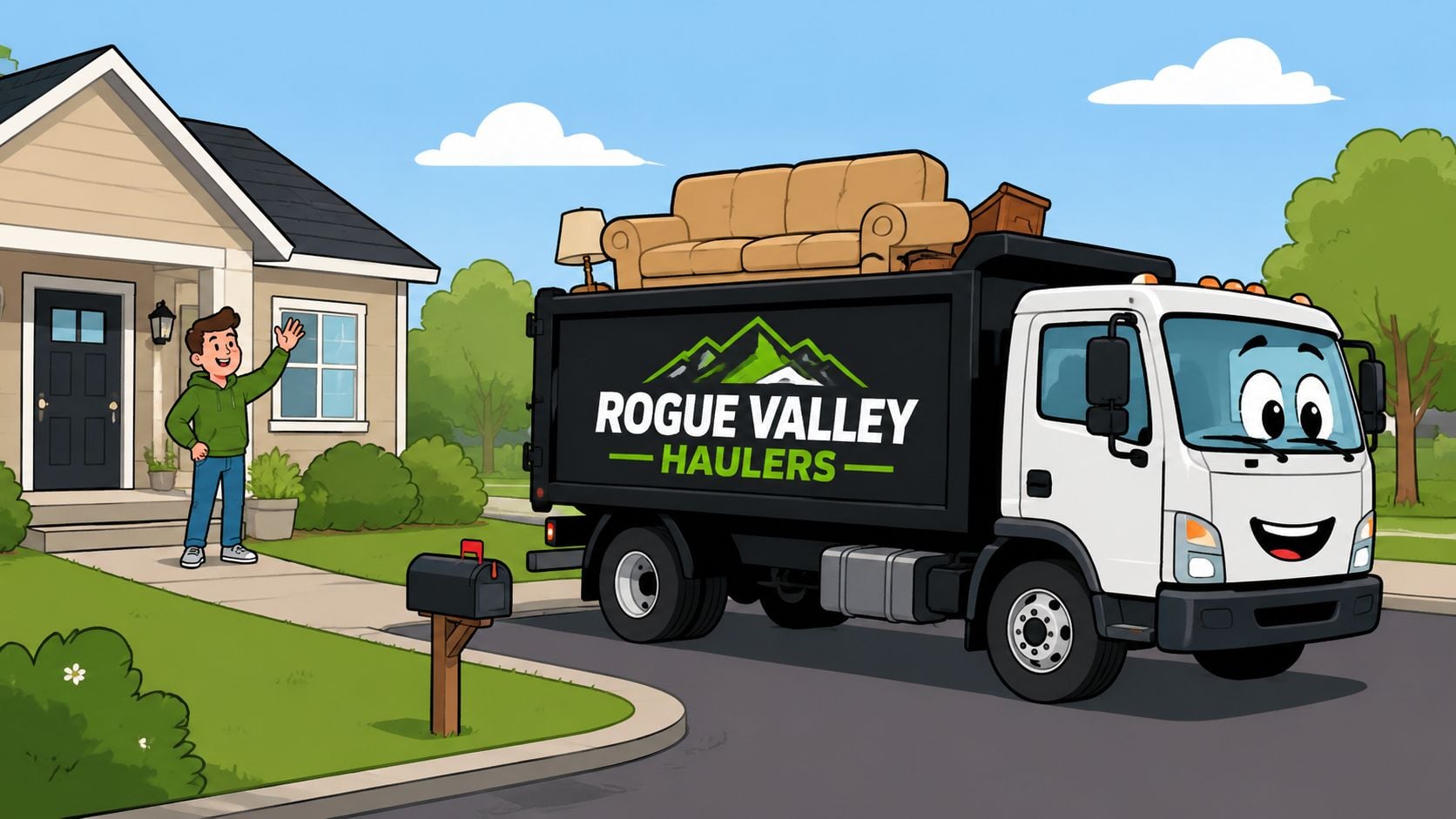 A friendly truck character from Rogue Valley Haulers helping a person remove furniture from their home.