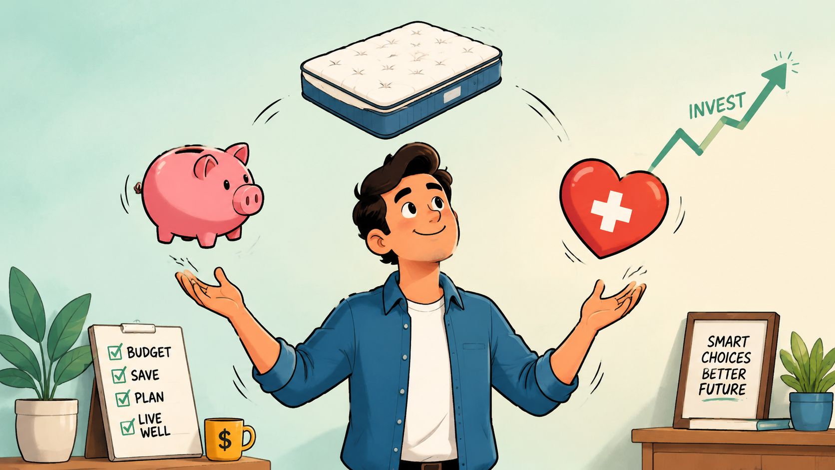 An illustration of a man balancing a piggy bank, a mattress, and a heart symbolizing financial health.