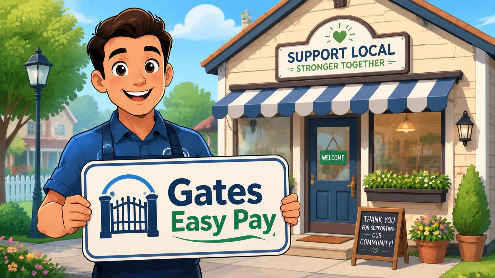 A friendly business owner holding a sign for Gates Easy Pay in front of a local store.