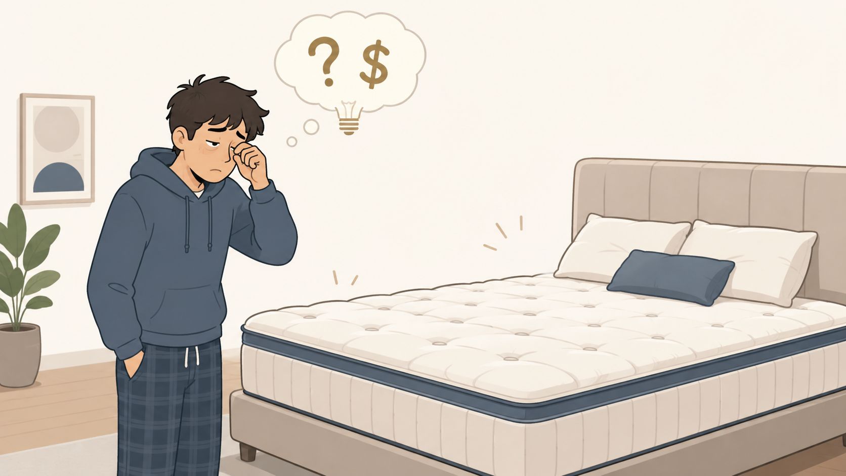 A tired man standing in a bedroom wondering about mattress financing options for his new bed.