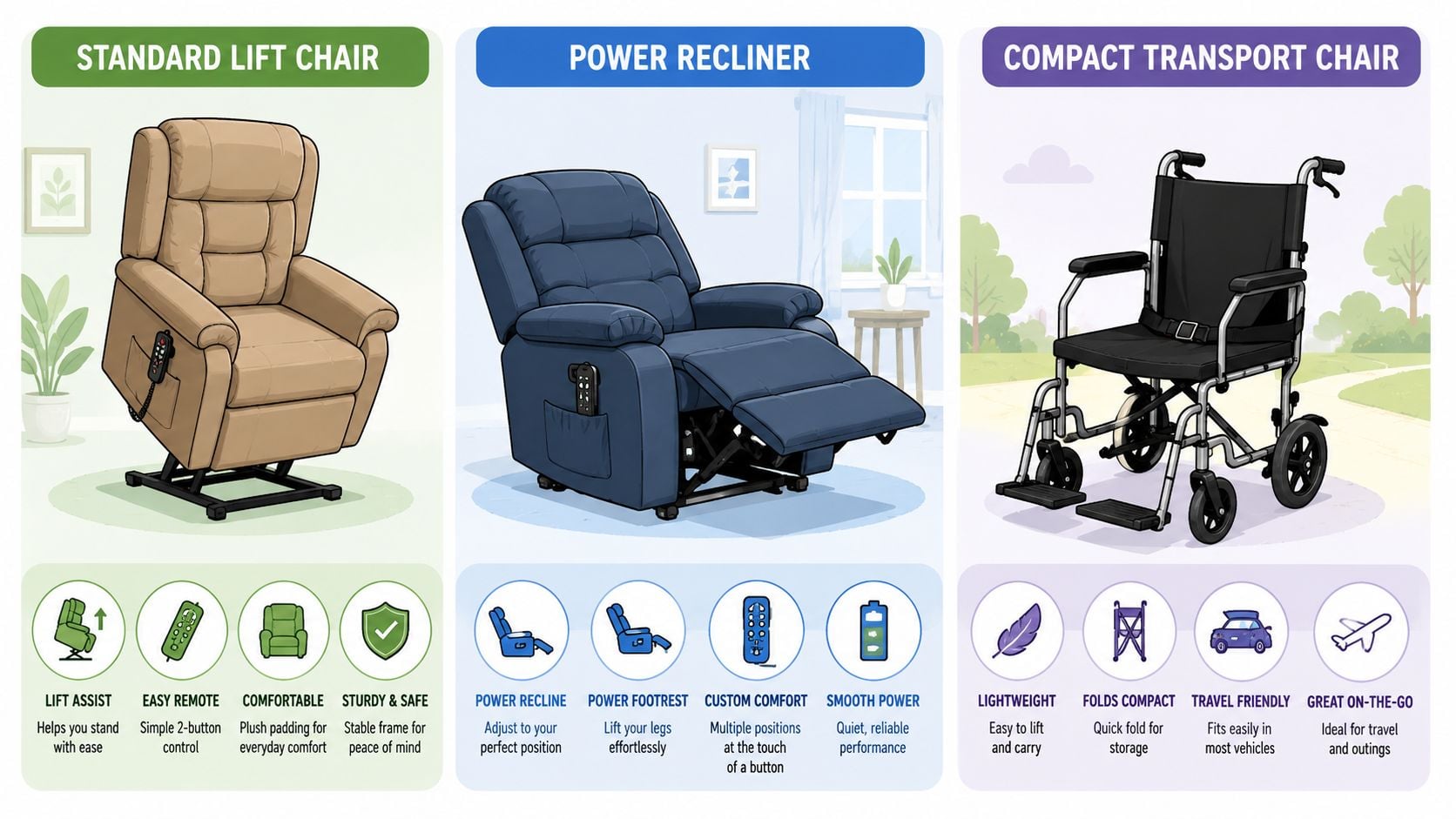 An infographic showing three types of mobility chairs: a lift chair, a power recliner, and a transport chair.
