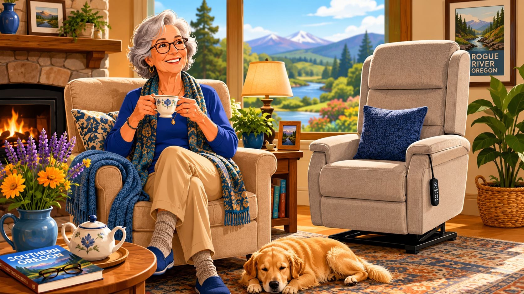 A happy senior woman with a cup of tea relaxing in her living room with a mobility chair.