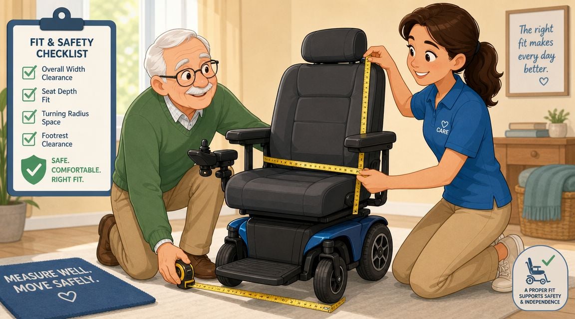 A caregiver measuring a power mobility chair for an elderly man to ensure proper fit and safety.