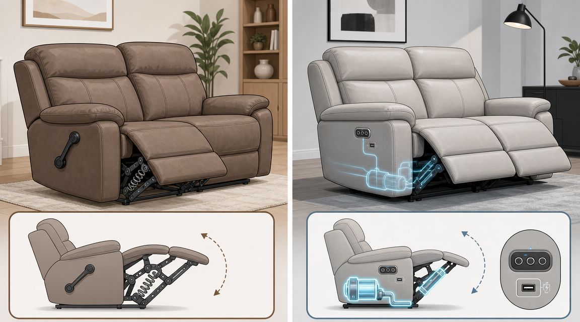 A comparison between a manual lever-operated loveseat recliner and an electric motor-powered loveseat recliner with USB charging.