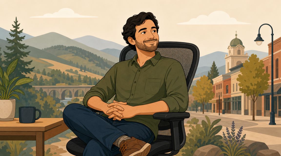 A happy man sitting in an office mesh chair outdoors with a scenic mountain town background.
