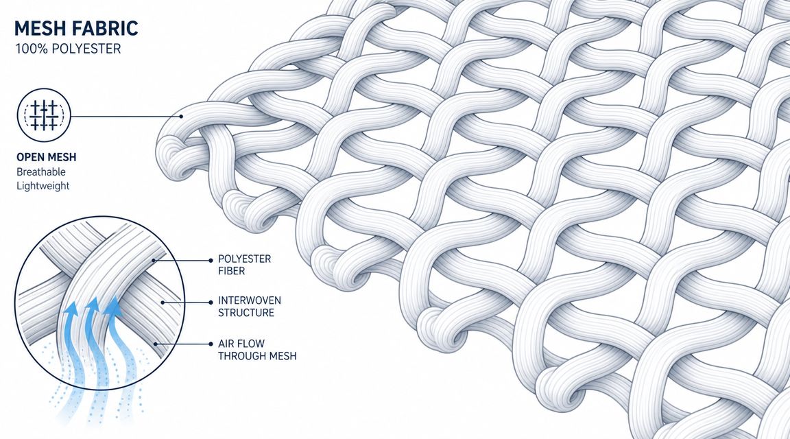 A detailed 3D illustration of a breathable mesh fabric made from 100% polyester for office chairs.