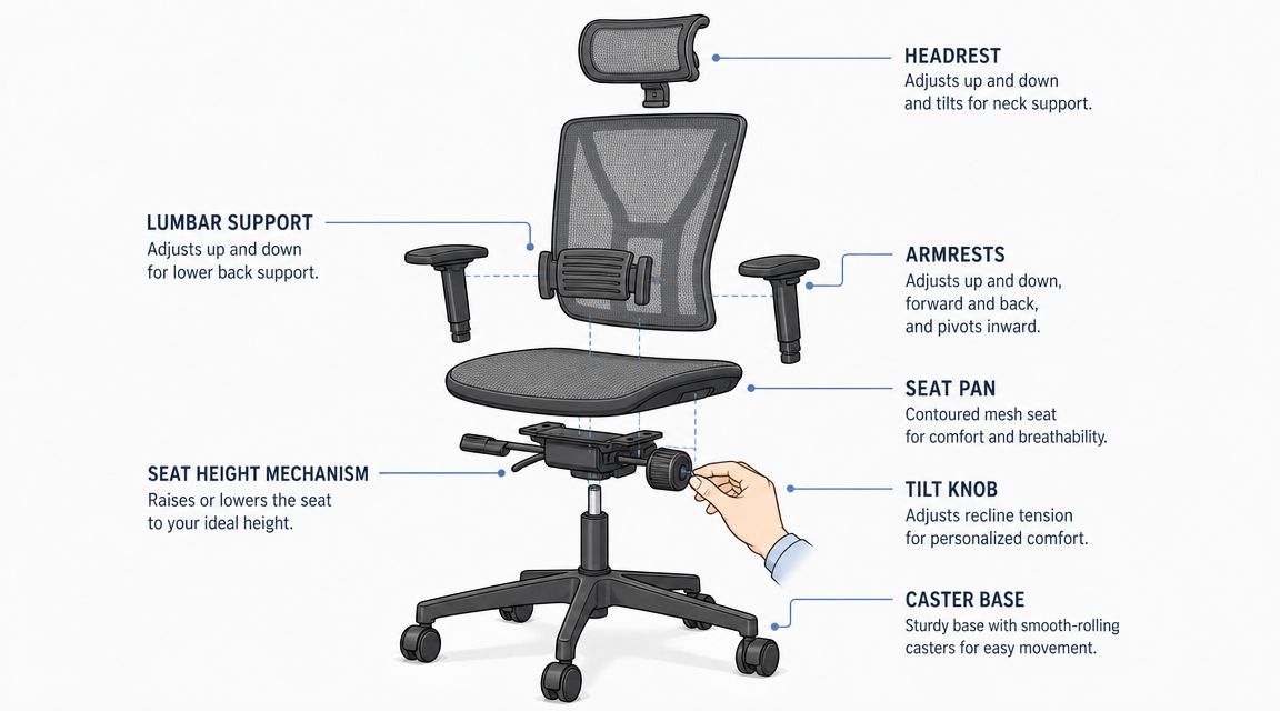 An exploded diagram of an ergonomic office chair highlighting adjustable components like the headrest, lumbar support, and armrests.