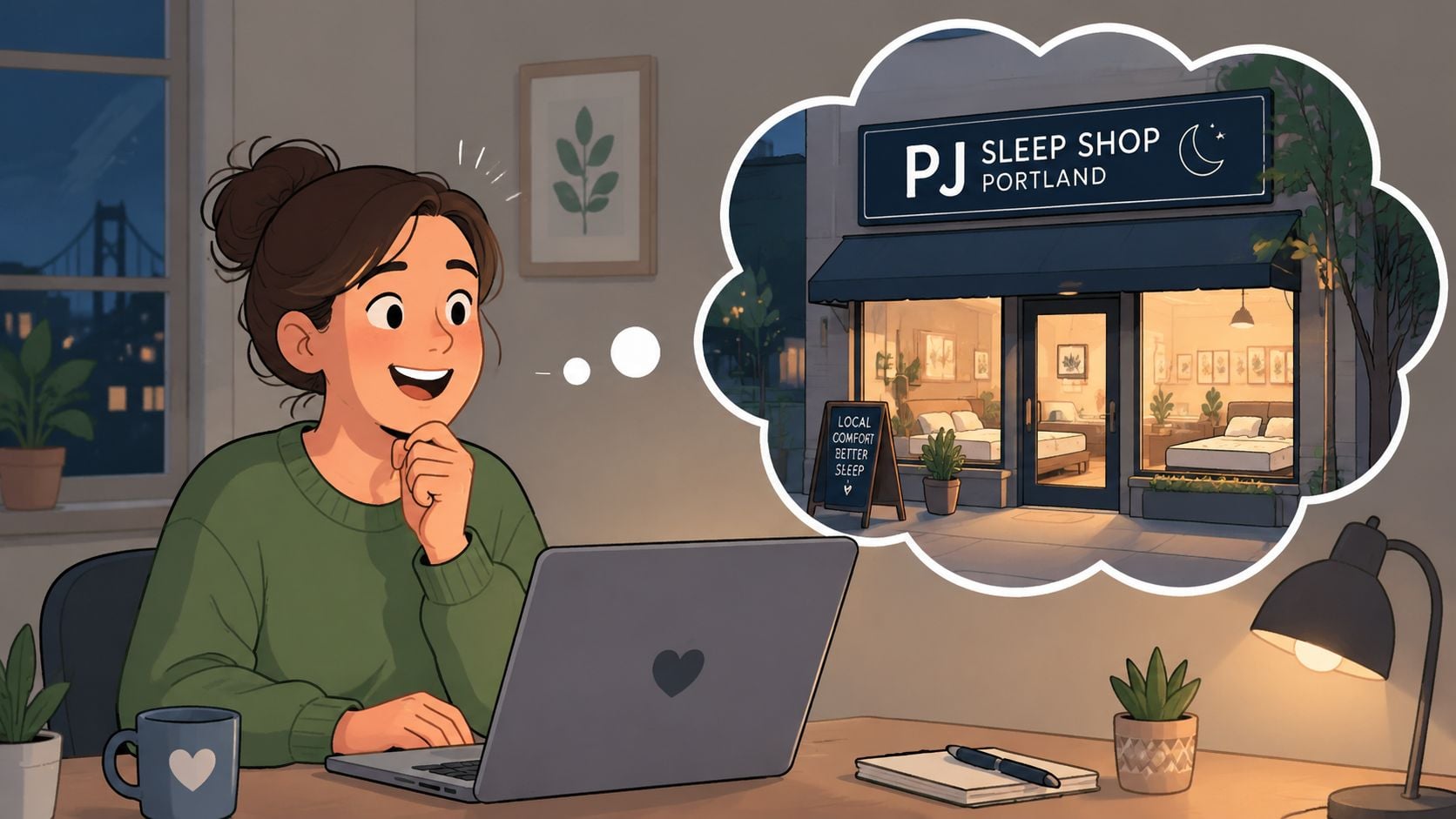 A woman using a laptop and dreaming about visiting the PJ Sleep Shop in Portland at night.