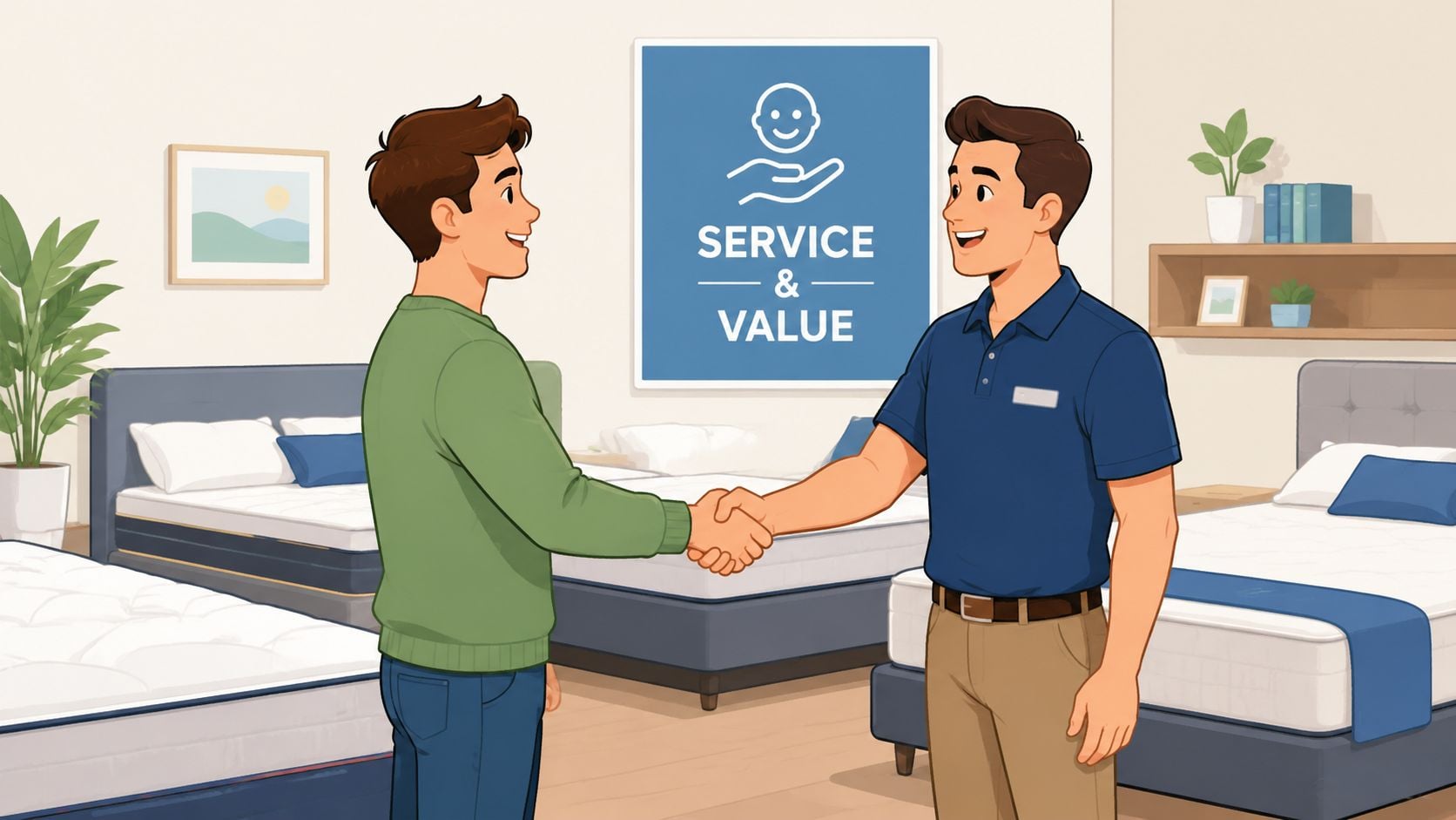 A store associate shaking hands with a happy customer in a modern mattress and furniture store showroom.