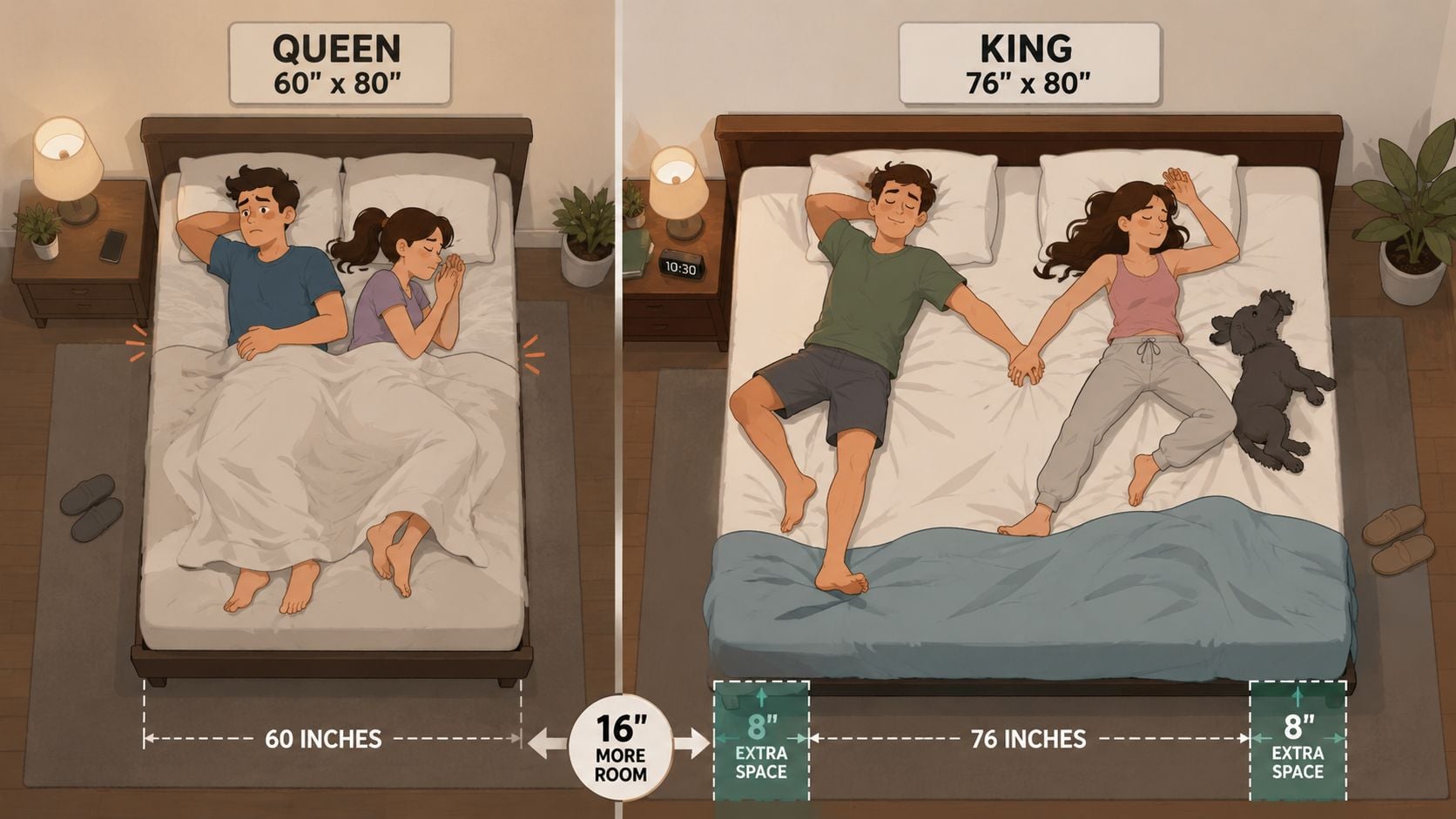 A comparison illustration showing a couple sleeping in a queen mattress versus a larger king mattress.