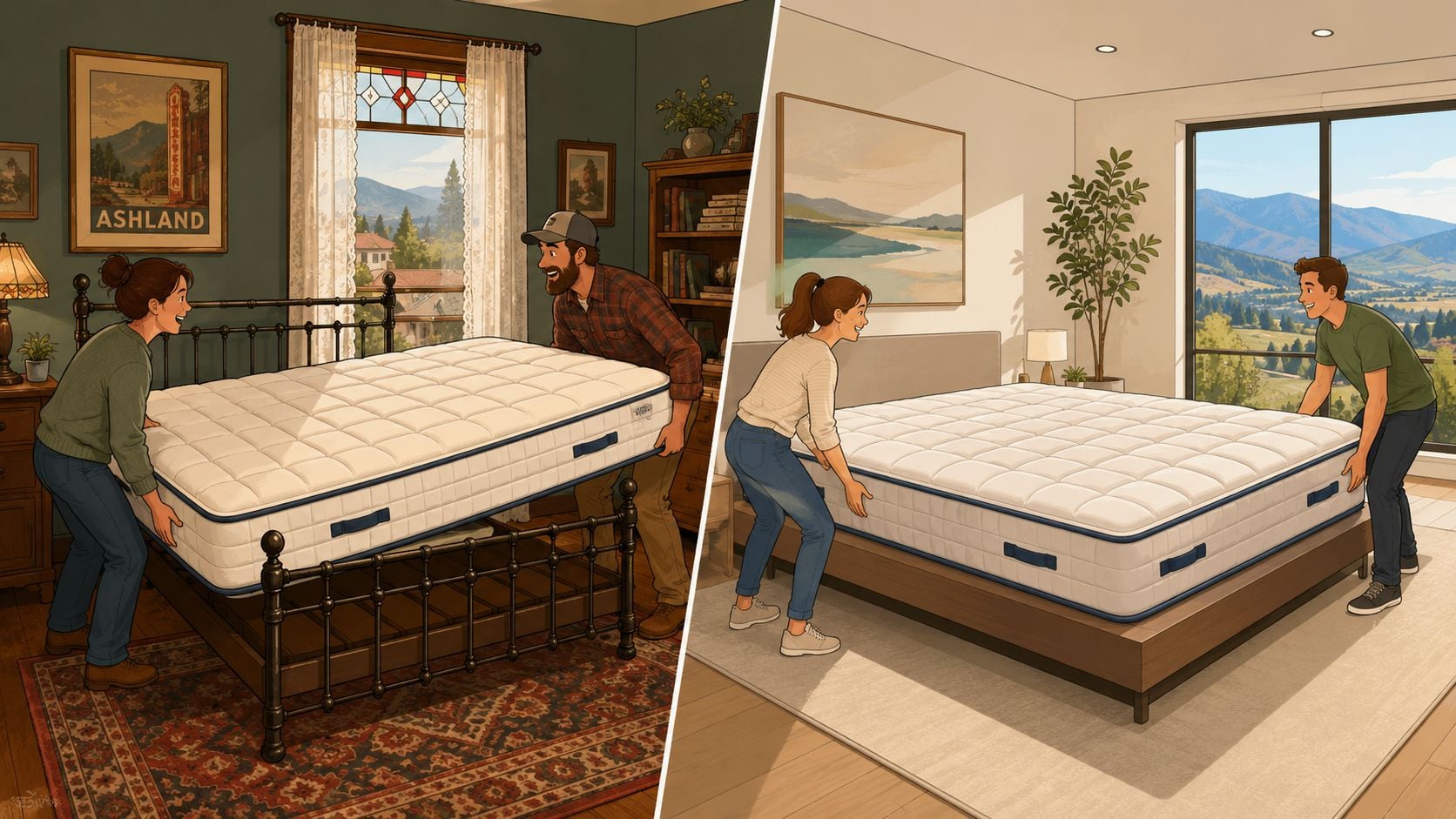 A couple installing a mattress in a vintage-style room and a modern bedroom setting side by side.