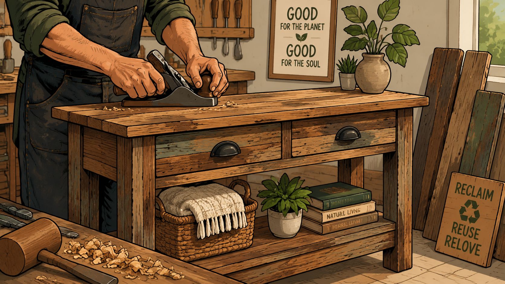 A skilled carpenter uses a hand plane on a rustic reclaimed wood entryway table in his workshop.