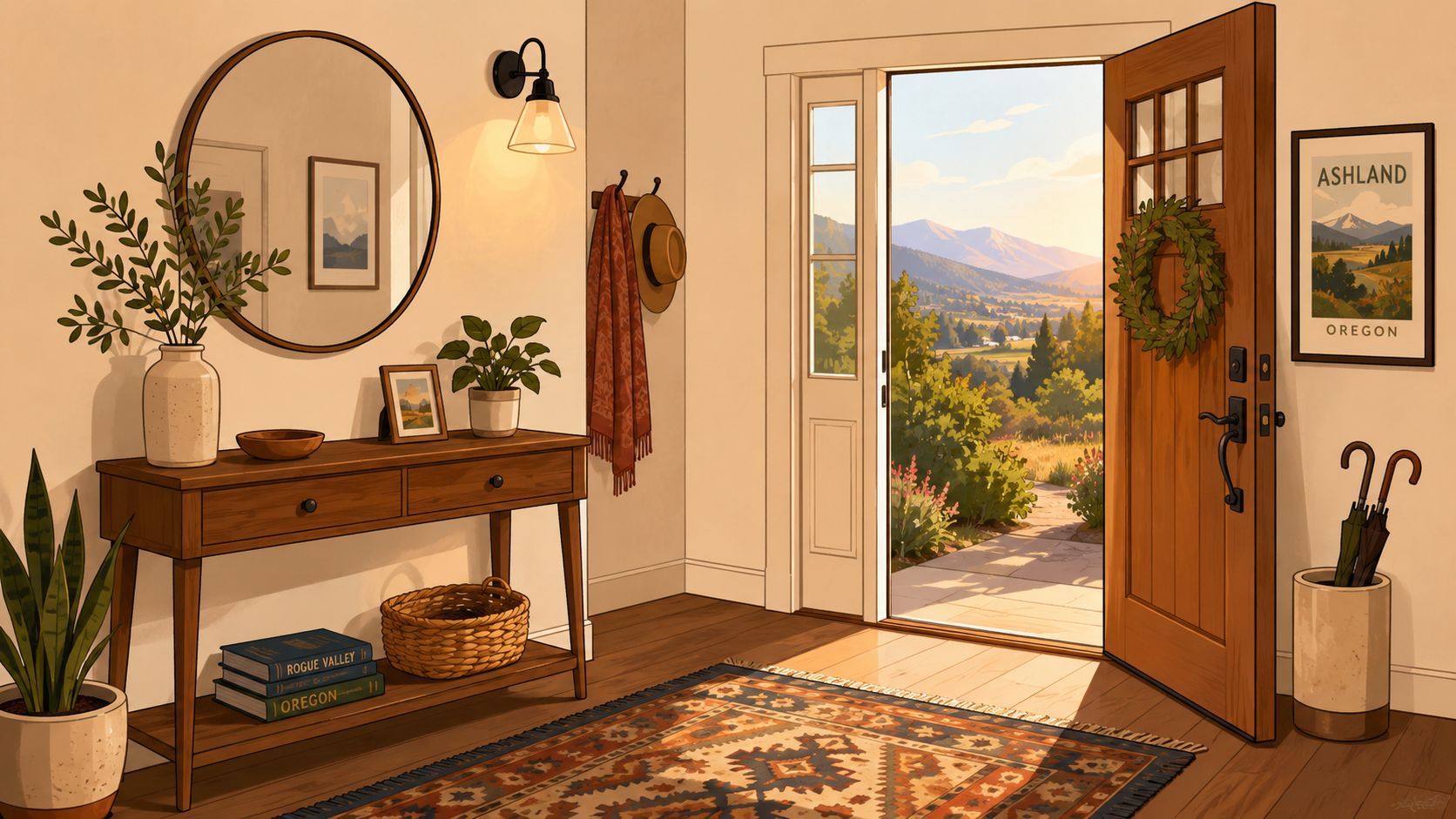 A cozy, sunlit entryway featuring a reclaimed wood table, an open door, and a beautiful mountain landscape view.