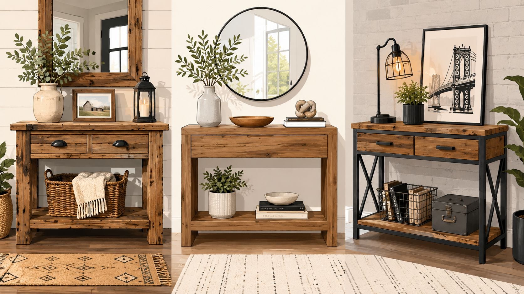 Three rustic wooden entryway tables styled with mirrors, plants, and decorative home accessories in a bright space.