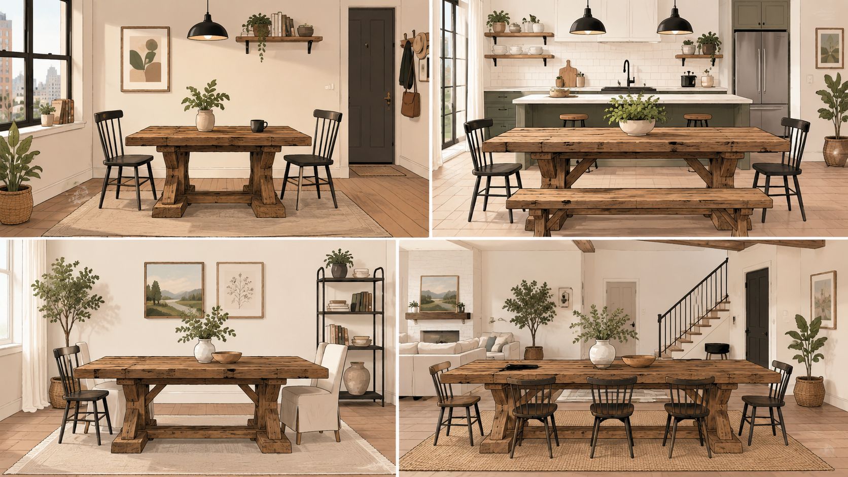 A collage showing four different interior dining rooms featuring rustic reclaimed wood trestle tables and farmhouse decor.