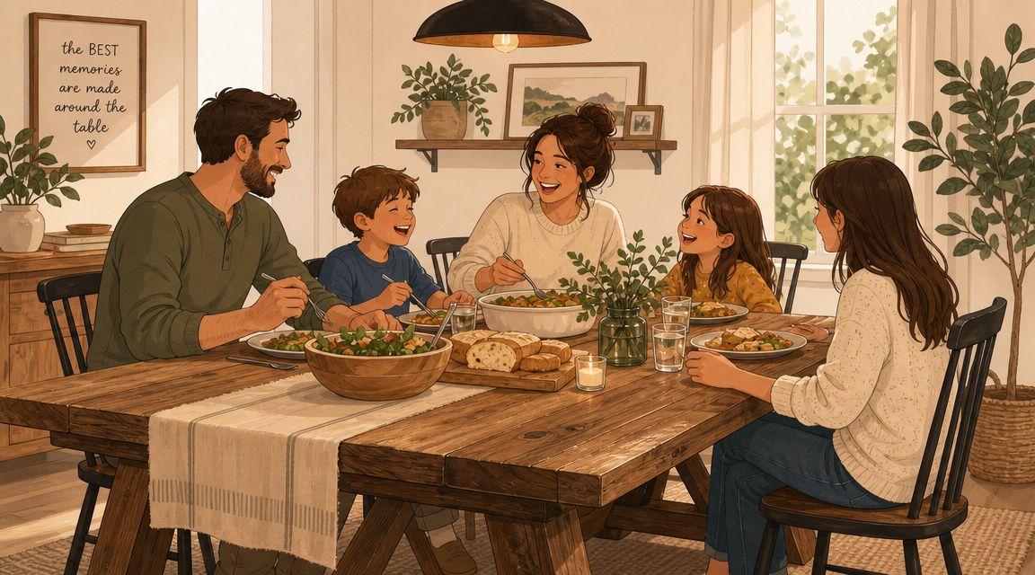A happy family eating a meal together at a rustic reclaimed wood trestle table in a dining room.