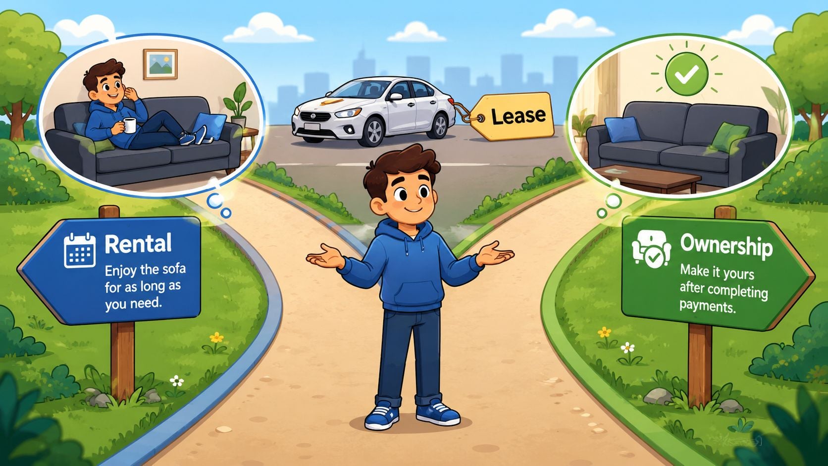 A cartoon man deciding between renting furniture or choosing a rent to own ownership plan option.