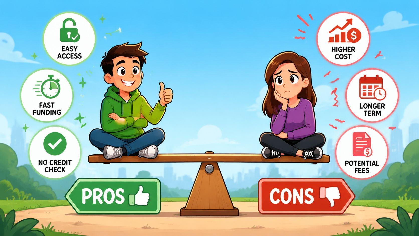 A boy and a girl on a seesaw illustrating the pros and cons of financial decisions.
