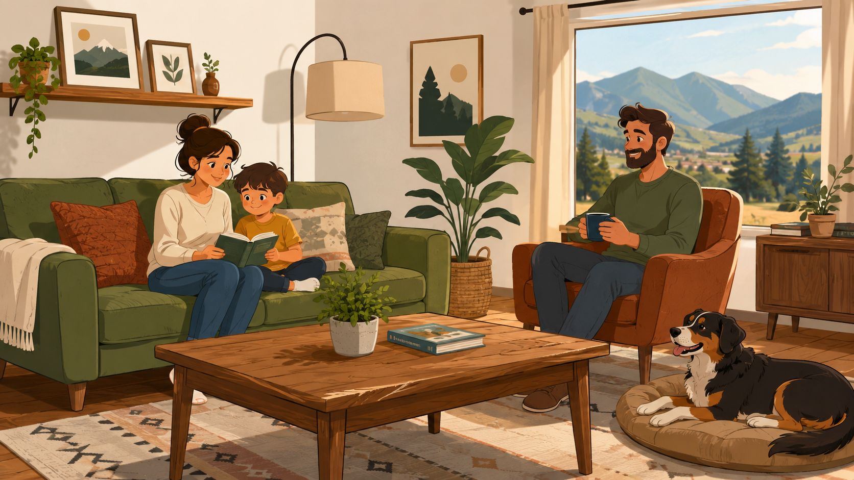 A happy family relaxing together in a cozy, sunlit living room with their dog nearby.