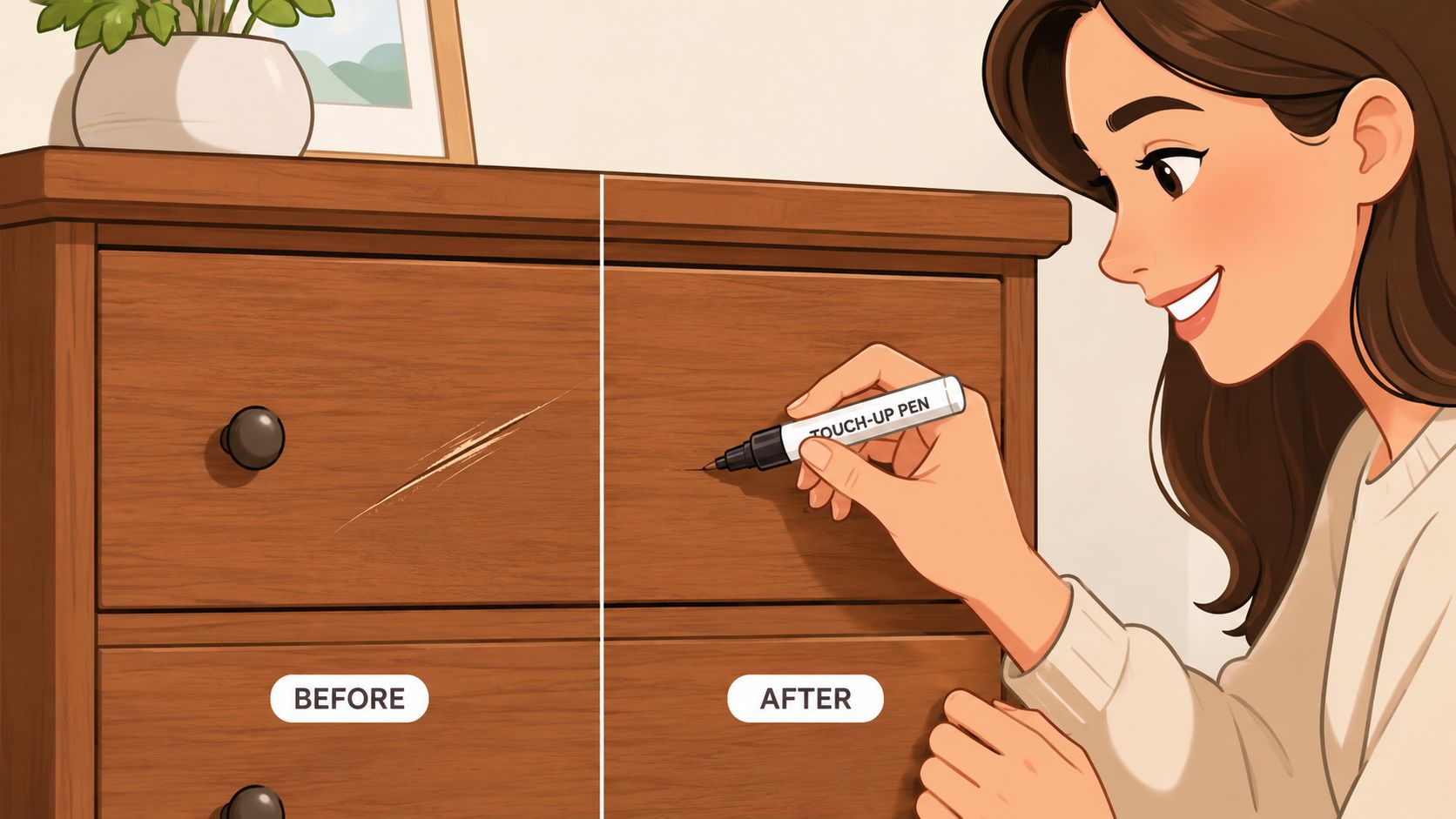 A woman using a wooden furniture touch-up pen to repair a scratch on a wooden dresser drawer.