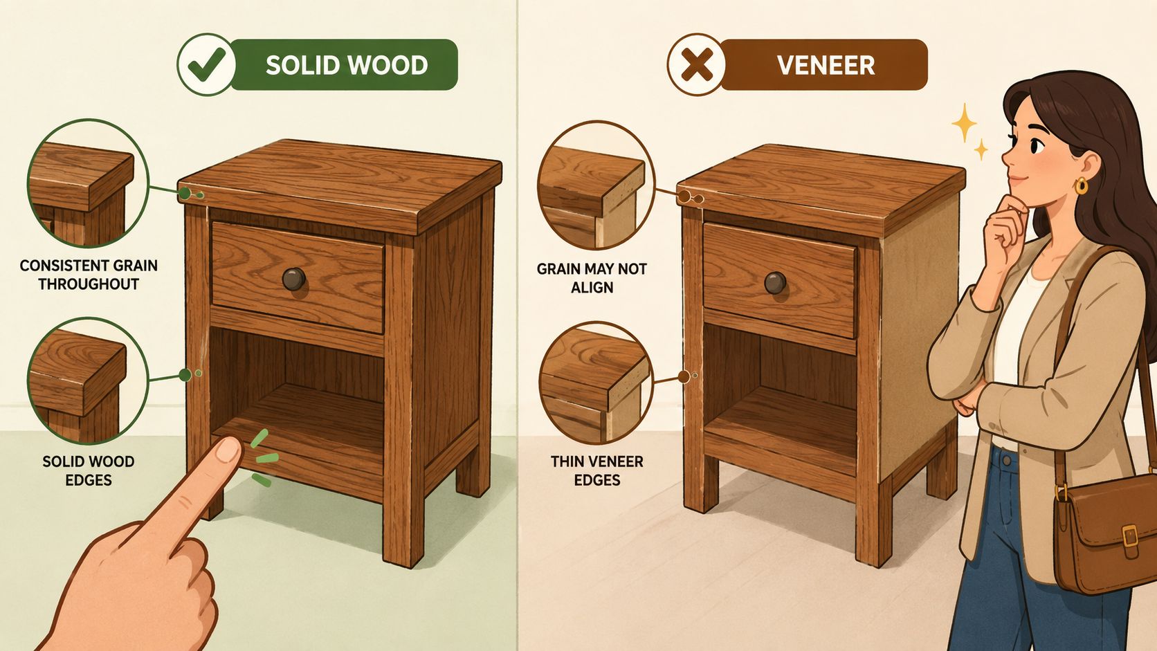 An infographic comparing solid wood furniture with consistent grain against veneer furniture with misaligned grain and thin edges.