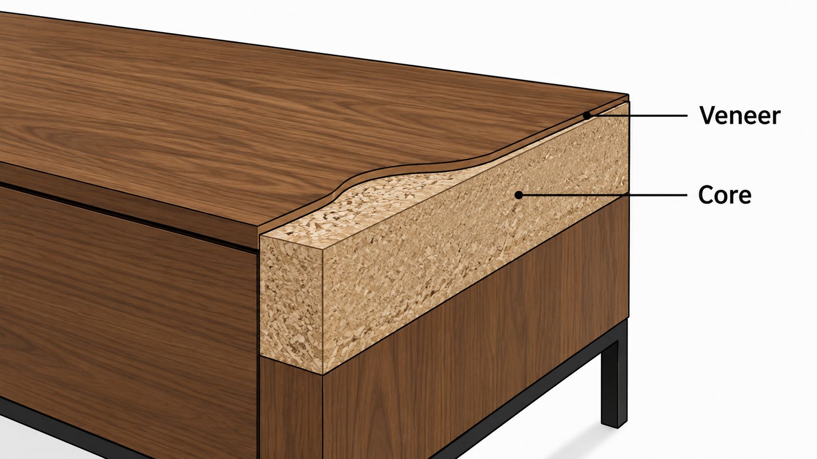 A cross-section diagram of furniture showing a thin veneer layer applied over a particleboard core material.