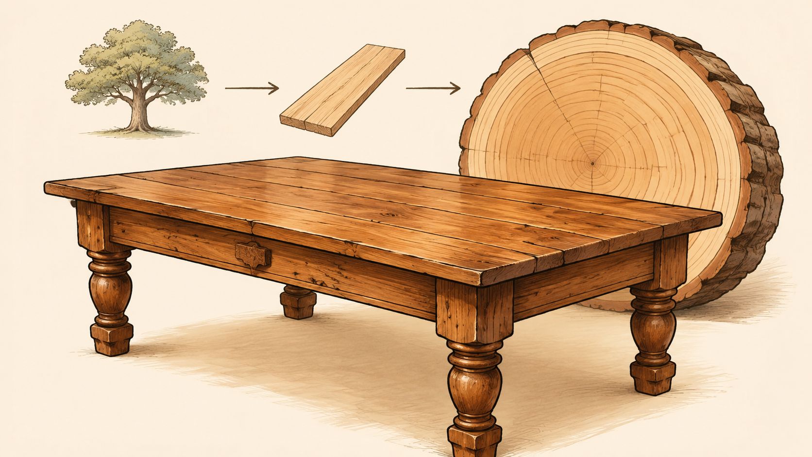 A diagram showing the process from a growing tree to a solid wooden dining table.