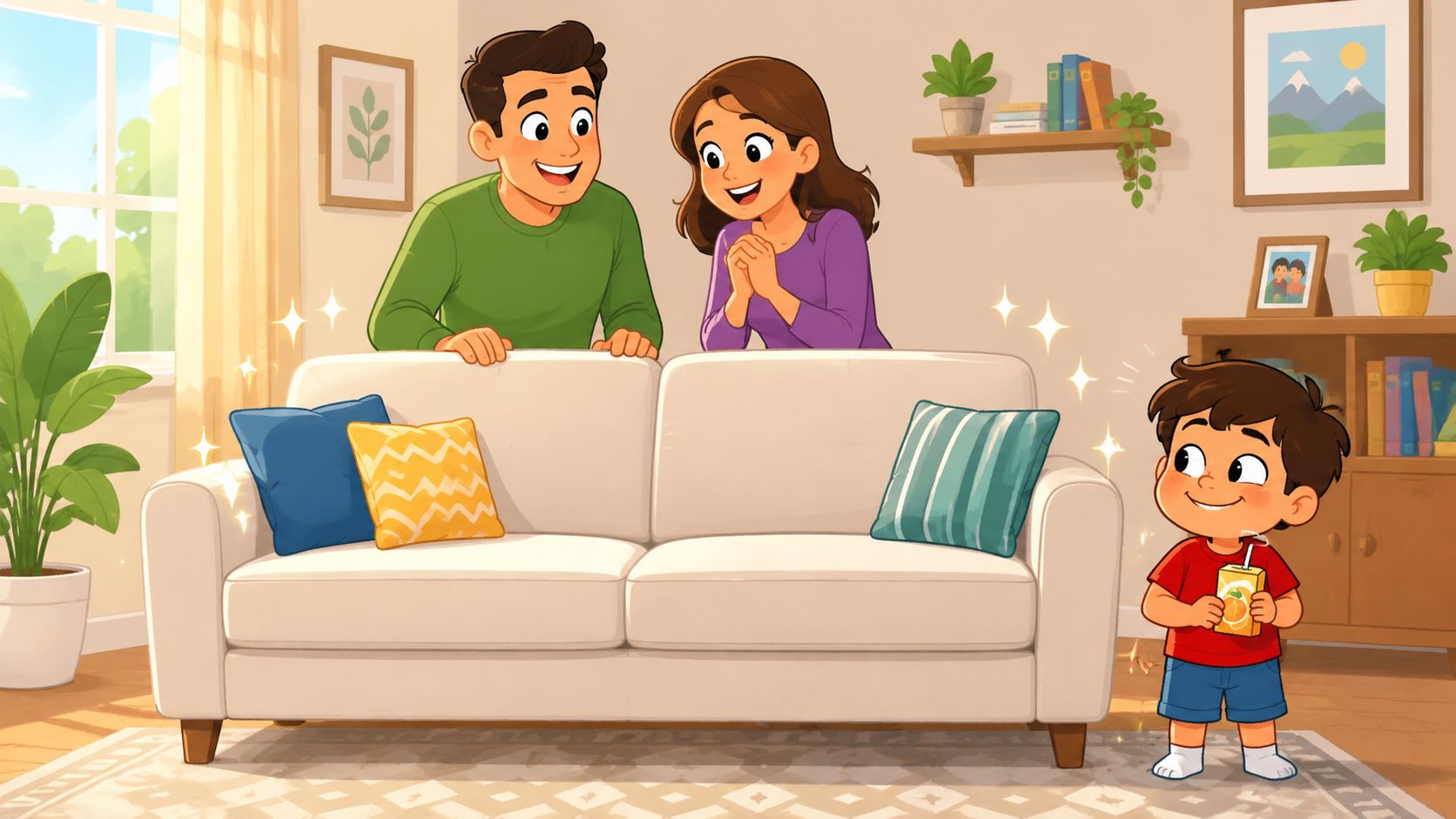 A happy family standing behind a clean white couch, showcasing successful stain protection for home upholstery.