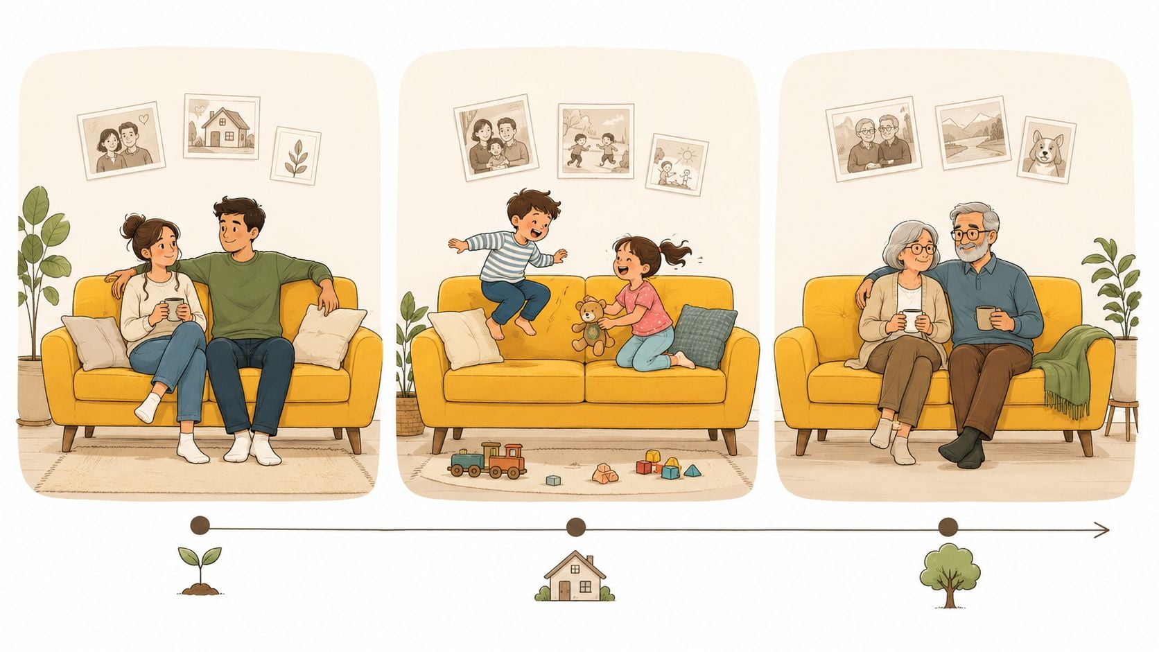 A life cycle illustration showing a couple aging together on a yellow sofa with family photos.