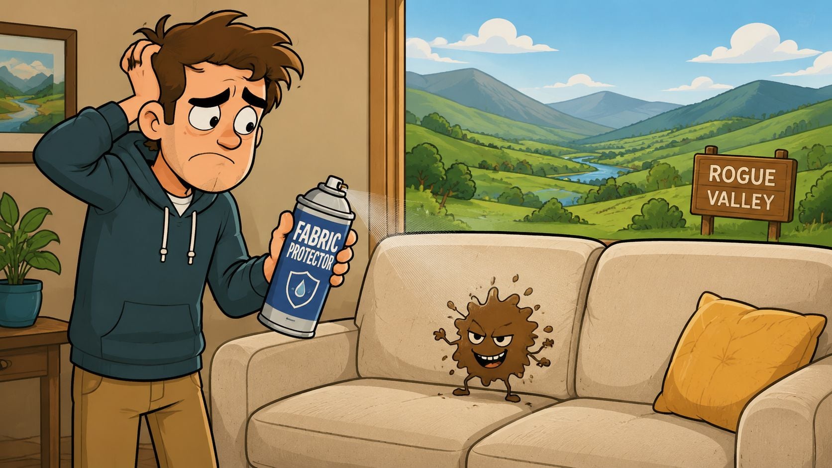 A worried man sprays fabric protector on a couch featuring an animated, grumpy brown stain character.