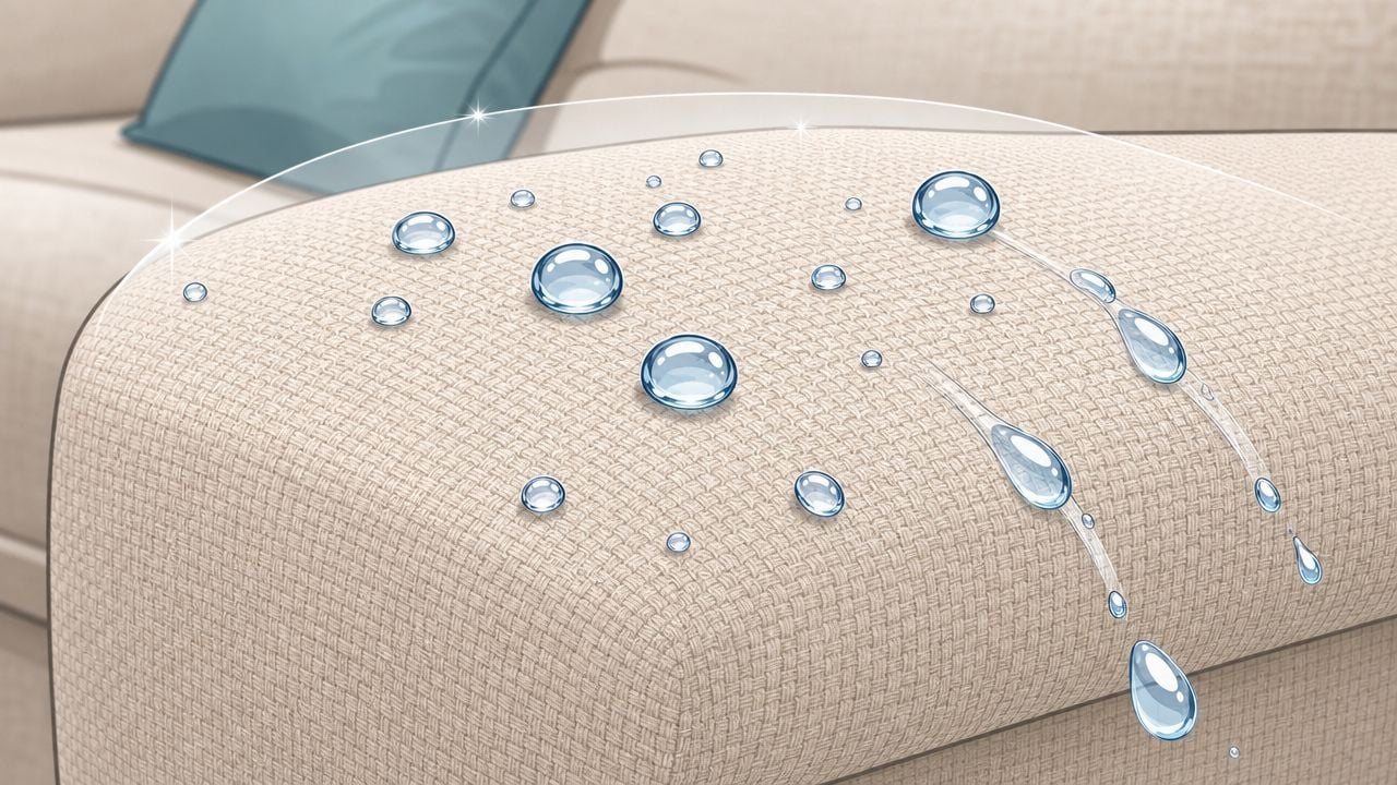 Water droplets beading on a beige upholstered fabric surface to demonstrate waterproof stain protection technology.