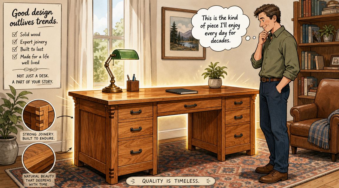 A man admiring a high-quality solid wood desk in a cozy home office setting.
