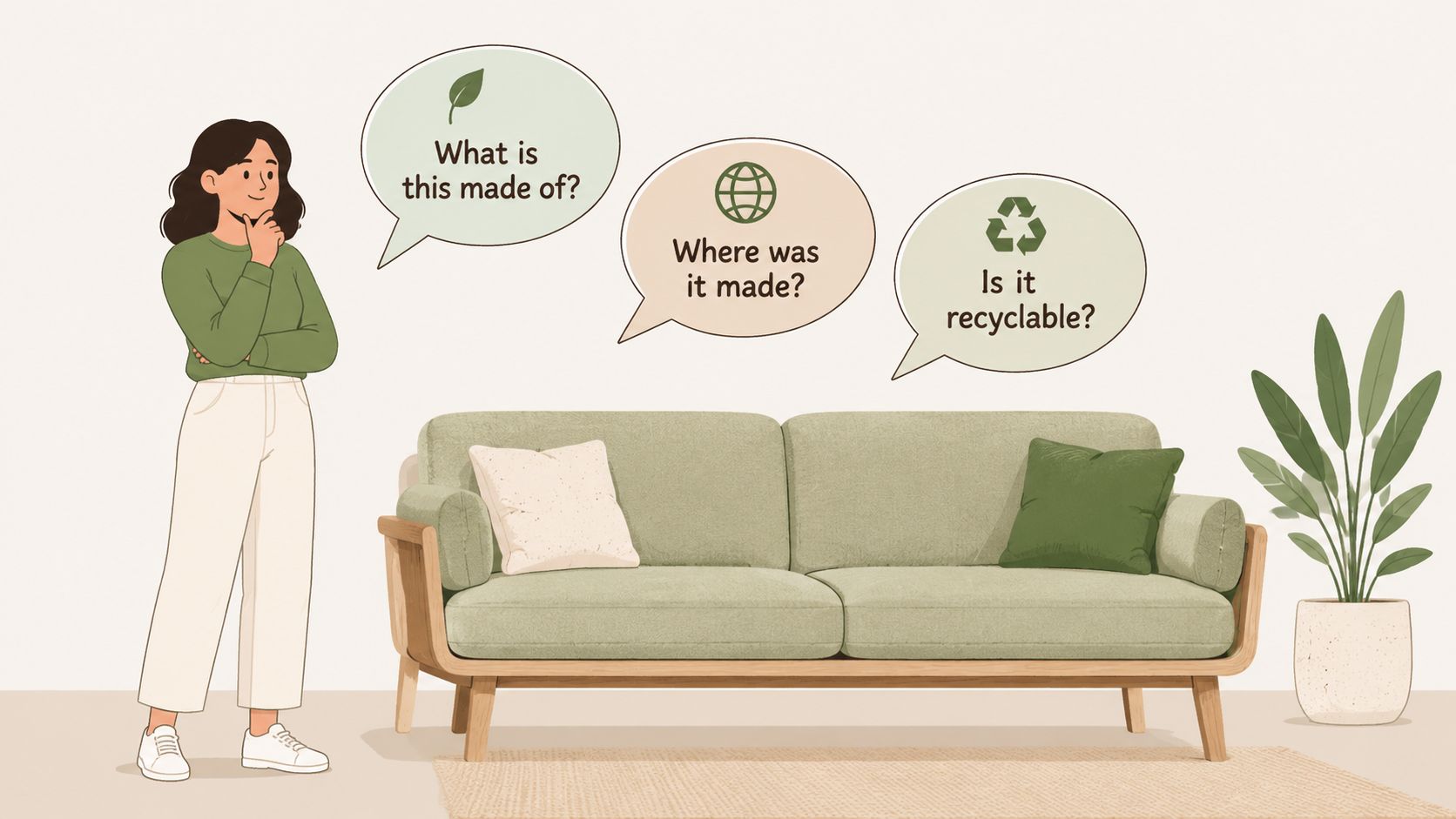 A woman thinking about sustainability factors like material origin and recyclability while looking at a green sofa.