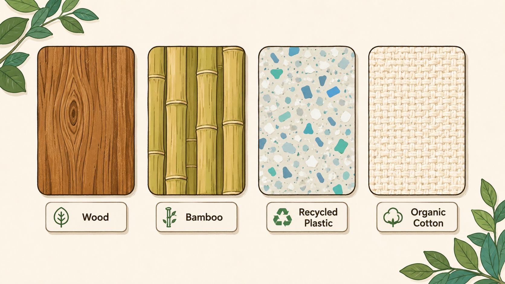 A selection of eco-friendly and sustainable materials including wood, bamboo, recycled plastic, and organic cotton.