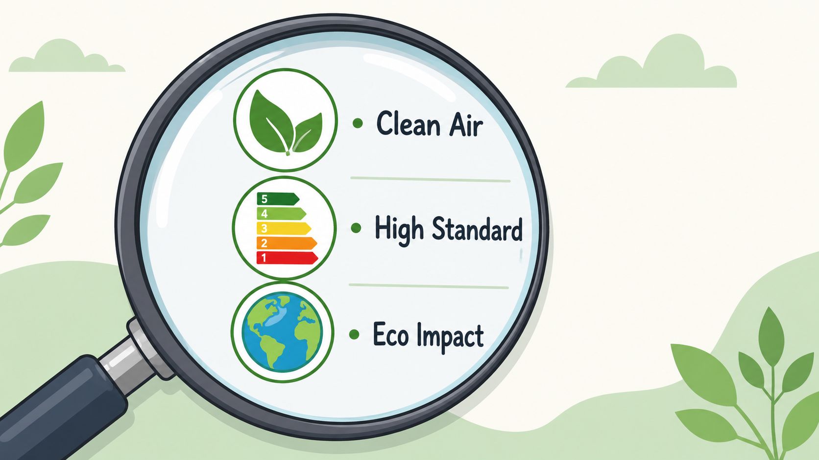 Magnifying glass examining three green icons representing clean air, high standards, and environmental impact.