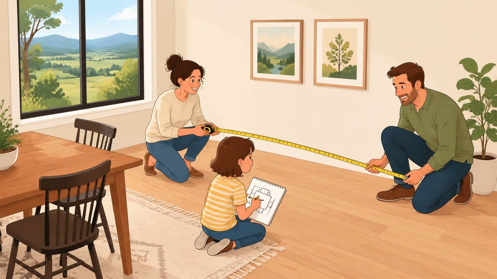 A family measuring the length of their wall while their young child draws the floor plan nearby.